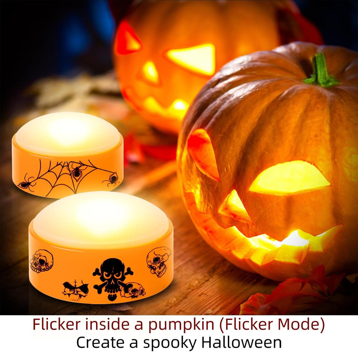 2 PCS Halloween LED Pumpkin Lights with Remote and Timer, Battery Operated Flickering Printed Jack-O-Lantern Orange Lights, Skull Spider Web Design, Flameless Candles Halloween Decor