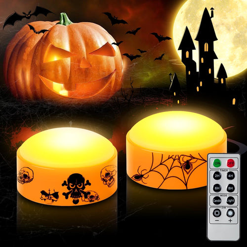 2 PCS Halloween LED Pumpkin Lights with Remote and Timer, Battery Operated Flickering Printed Jack-O-Lantern Orange Lights, Skull Spider Web Design, Flameless Candles Halloween Decor