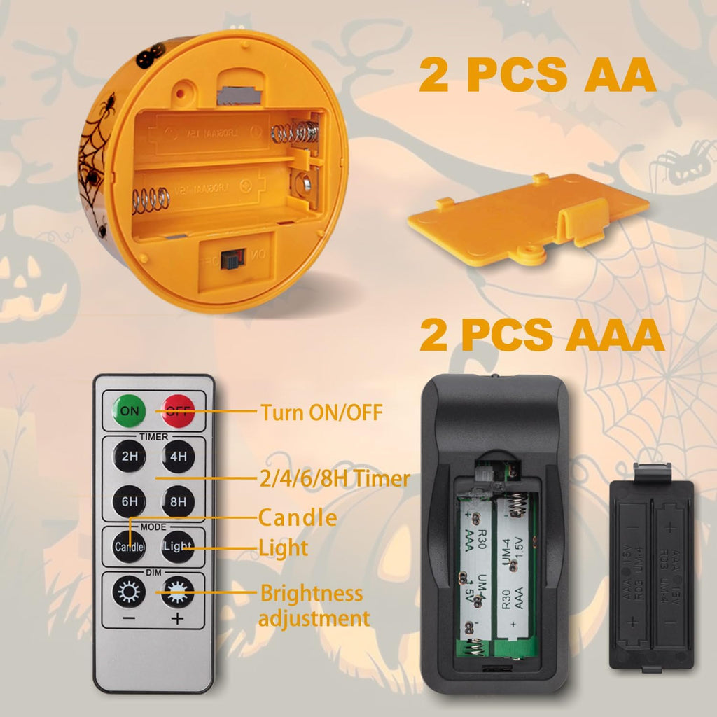 2 PCS Halloween LED Pumpkin Lights with Remote and Timer, Battery Operated Flickering Printed Jack-O-Lantern Orange Lights, Skull Spider Web Design, Flameless Candles Halloween Decor