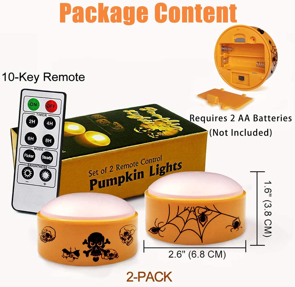 2 PCS Halloween LED Pumpkin Lights with Remote and Timer, Battery Operated Flickering Printed Jack-O-Lantern Orange Lights, Skull Spider Web Design, Flameless Candles Halloween Decor