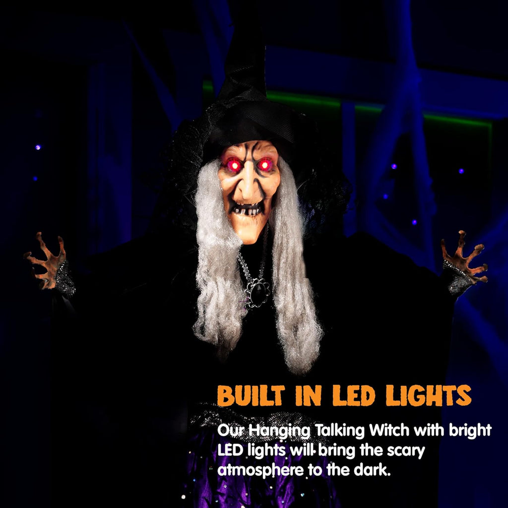 47” Animated Witch Halloween Decorations Outdoor Indoor, Scary Halloween Animatronics Decor, Hanging Ghost Talking Sound Activated Led Lights Eyes Haunted House Yard Garden Lawn