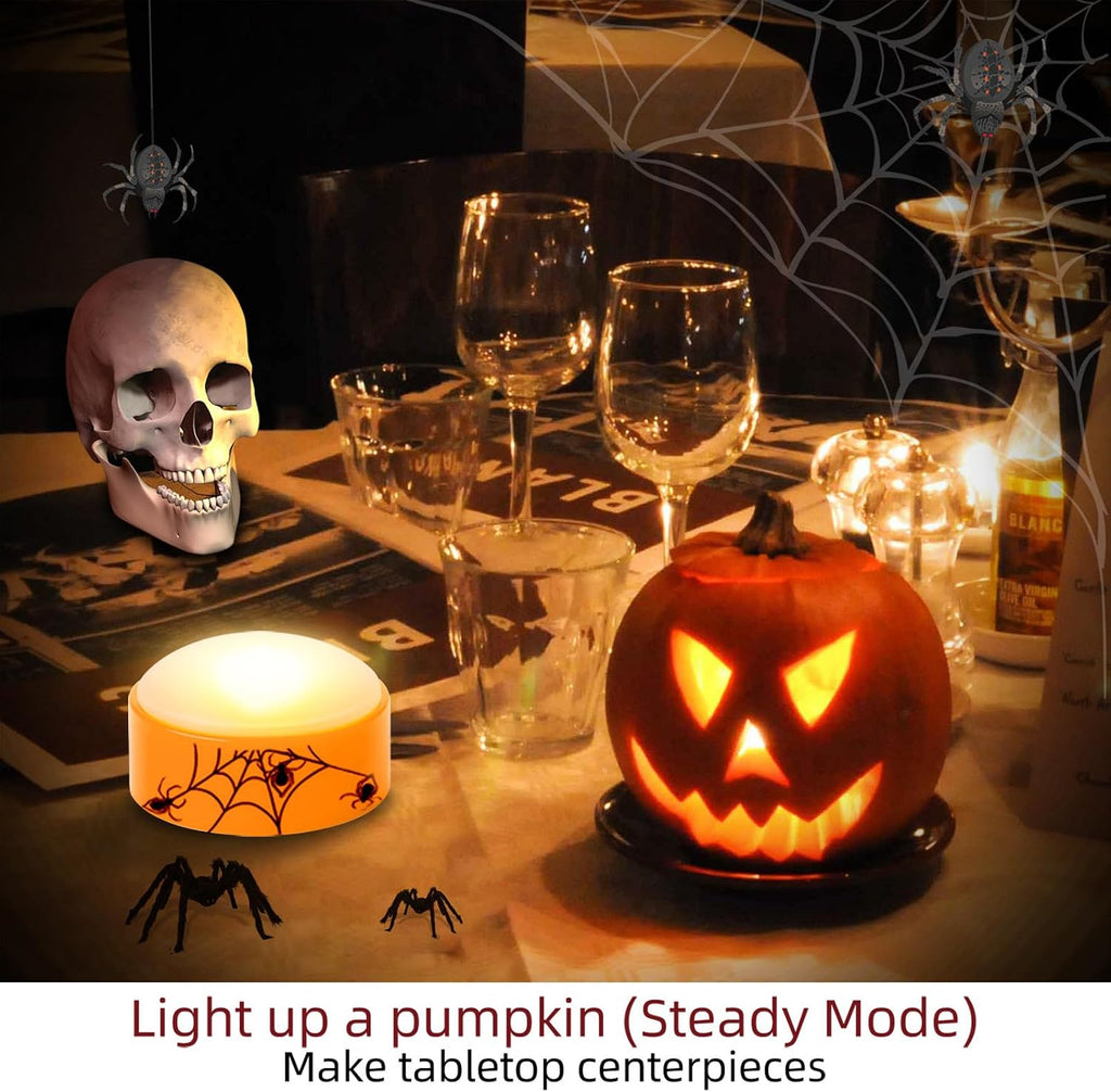 2 PCS Halloween LED Pumpkin Lights with Remote and Timer, Battery Operated Flickering Printed Jack-O-Lantern Orange Lights, Skull Spider Web Design, Flameless Candles Halloween Decor