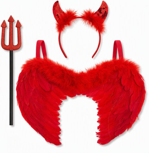 3Pc Red Devil Costume Women - Ladies Devil Outfit with Red Angel Wings, Sequin Horns Headband and Pitchfork Kids Halloween Costumes Women Fallen Angel Wings Halloween Fancy Dress Accessories