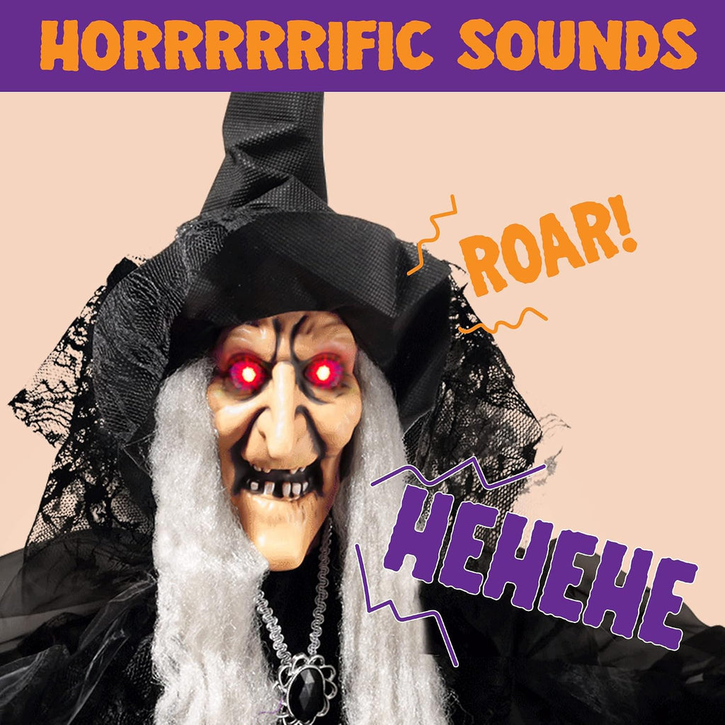 47” Animated Witch Halloween Decorations Outdoor Indoor, Scary Halloween Animatronics Decor, Hanging Ghost Talking Sound Activated Led Lights Eyes Haunted House Yard Garden Lawn